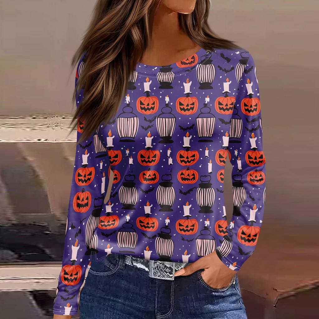 Women's Long Sleeve Round Neck Top with Halloween Print and Side Slit Hem for Casual Holiday Wear