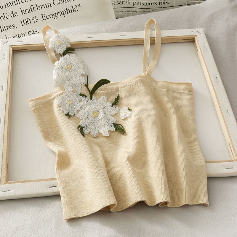 

Верхняя часть на бретелях, наружный жилет, женский летний топ с цветочной нашивкой внутри, открытый пупок One size