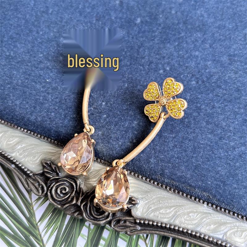 Osc Retro Gold Curved Hook Four-Leaf Clover & Teardrop Green Diamond Dangle Earrings for Women