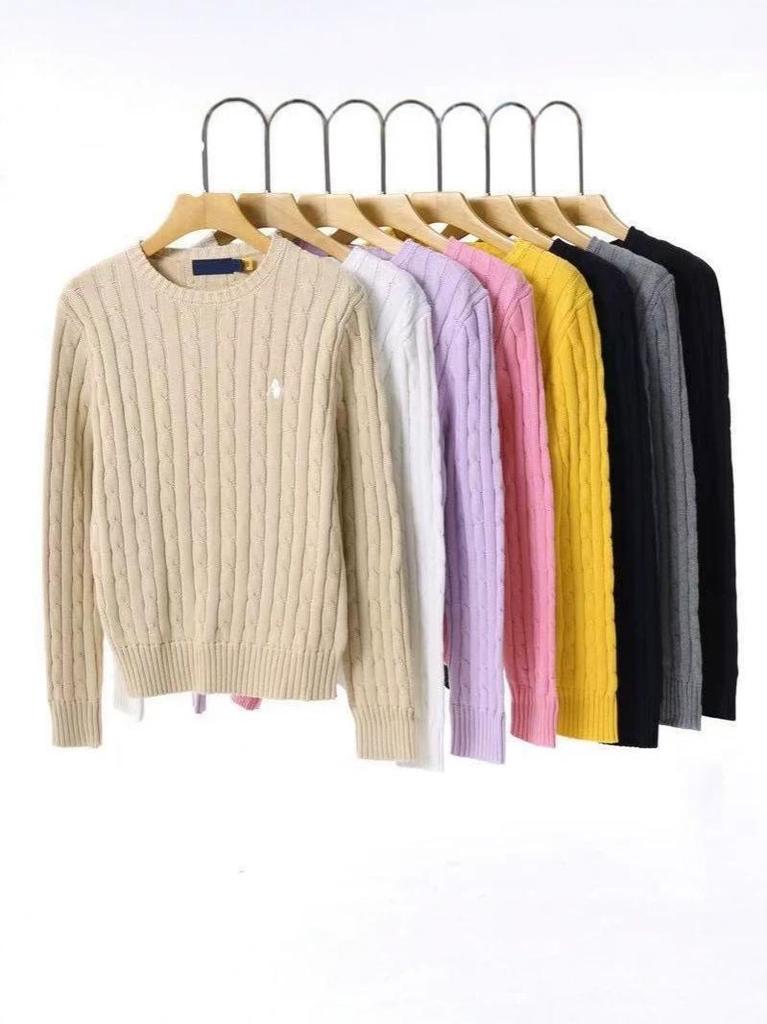 Women's V-Neck Cable Knit Cardigan with Horse Logo Embroidery - Pure Cotton, Long Sleeve, Casual Style.