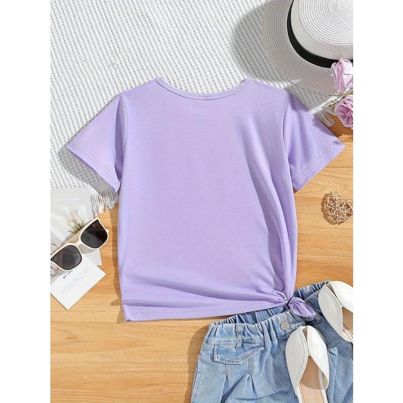 Cute And Easy Cartoon Letter Print Short-Sleeve T-Shirt for Girls, Perfect for Summer Wear, Knit