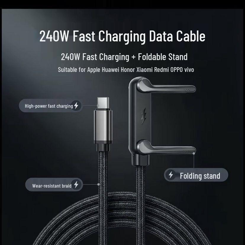 240W Foldable Phone Holder & Fast Charging Data Cable for Apple, Huawei, Type-C Devices