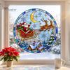 Retro Art Window Decoration Christmas Santa Sleigh Suncatcher Cling, Stained Glass Style Static Holiday Party Ornament Sticker, Rainbow Film