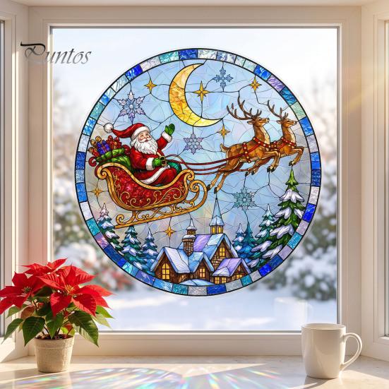 Retro Art Window Decoration Christmas Santa Sleigh Suncatcher Cling, Stained Glass Style Static Holiday Party Ornament Sticker, Rainbow Film