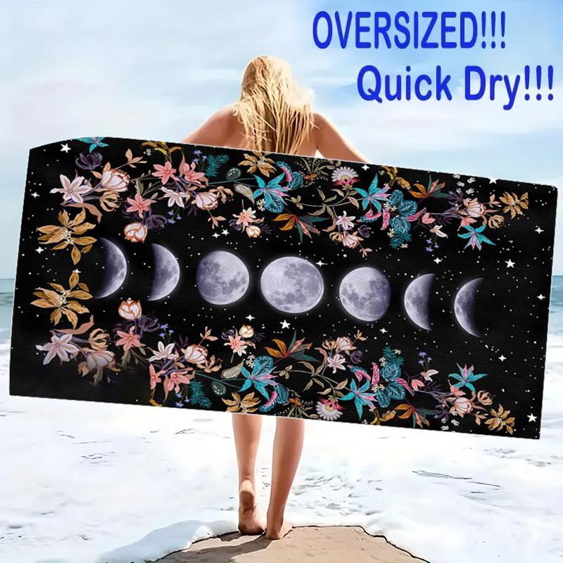 Celestial Moon Print Beach Towel, Large Soft Quick Dry Towel for Beach Camping Swimming
