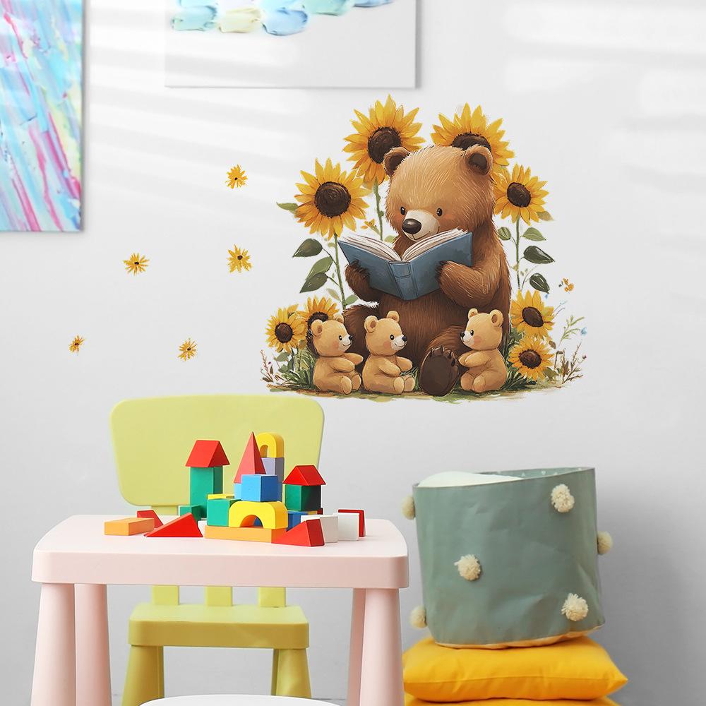 Cartoon Parent-child Bear Sunflower Bedroom Living Room Home Wall Background Beautification Decoration Wall Stickers
