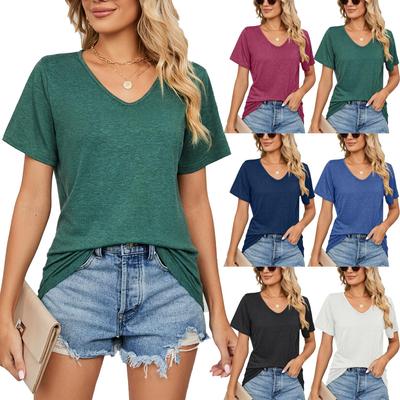 2023 Europäisches und amerikanisches Damen-T-Shirt mit V-Ausschnitt, kurzen Ärmeln und einfarbiger, lockerer Passform