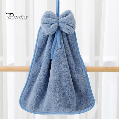 Asciugamano in pile corallo tinta unita con fiocco decorativo, asciugatura rapida, assorbente, riduce le macchie d'acqua, mantiene le mani pulite, asciugamano riutilizzabile da appendere per