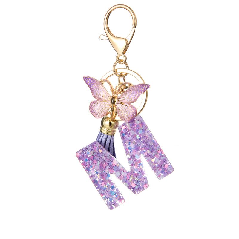 A-Z Alphabet Resin Keychain Purple Butterfly Tassel Pendant Classic Retro Durable Women Bag Accessory Practical Backpack Hanging Charm