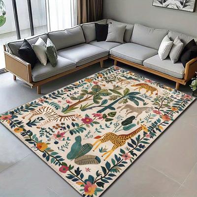 Moderne Tier-Botanical-Print-Teppichmatte Polyester Rutschfest, Große Größe Lebendiges Dschungel-Thema für Wohnzimmer Schlafzimmer Büro Dekoration