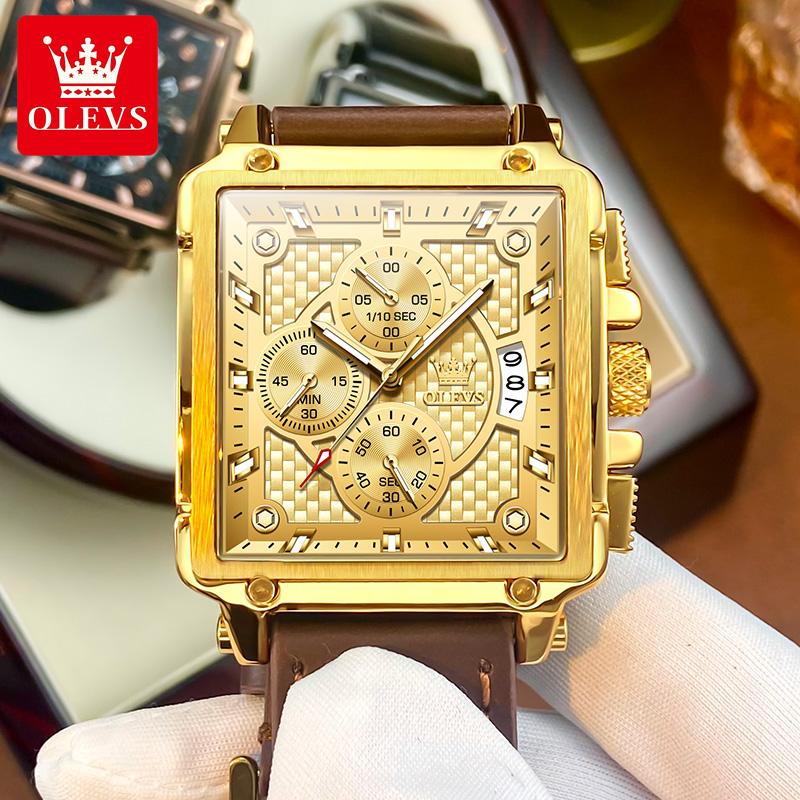 OLEVS 9925 Luxury Quartz Wristwatches for Men Original Leather Strap Fashion Square Dial Chronograph Waterproof Sports Man Watch
