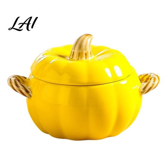 Handled Soup Bowl with Lid Pumpkin And Double Handle Microwave Safe Decorative Practical Kitchen Gift for Home Ceramic Bowl Heat Resistant Pot Stews