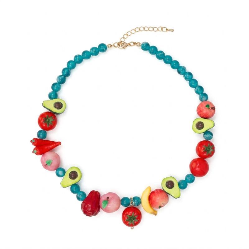 Y2K Vintage Fruit Beaded Necklace Handmade Blueberry Lemon Decor Lightweight Summer Jewelry for Women