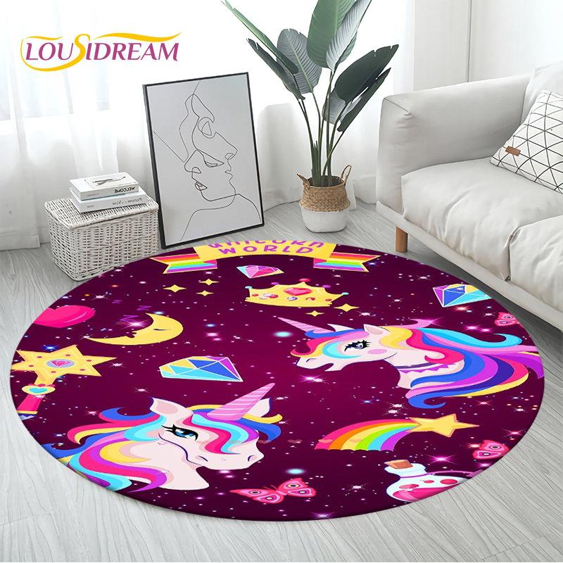 3D Cartoon Cute Unicorn Area Rug Large,Round Carpet Rug for Living Room Bedroom Sofa Decoration,Children Play Non-slip Floor Mat