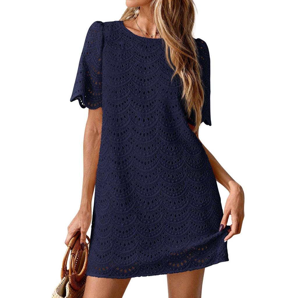Summer Casual Short Dresses Embroidered Lace Short Sleeve Boho Dress Beach Vacation Clothes
