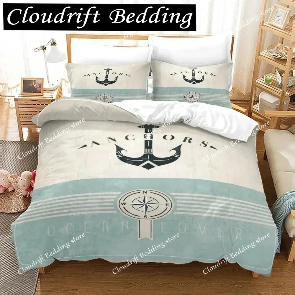 Anchor Duvet Cover Set,Nautical Classic Colors And Anchors Simplistic Design Sailor Ship Polyester Fashion Bedding Set