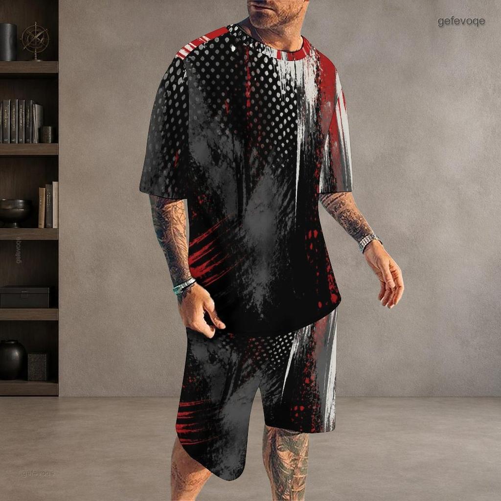 Men s Plus Size Colorful Swirl Printed Round Neck Short Sleeve T Shirt And Shorts Two Piece Set