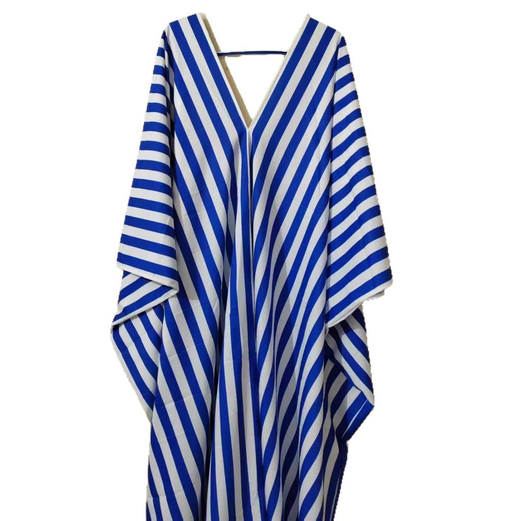 Women's Deep V Neck Short Sleeve Maxi Dress Loose Fit Striped Casual Vacation Long Dress