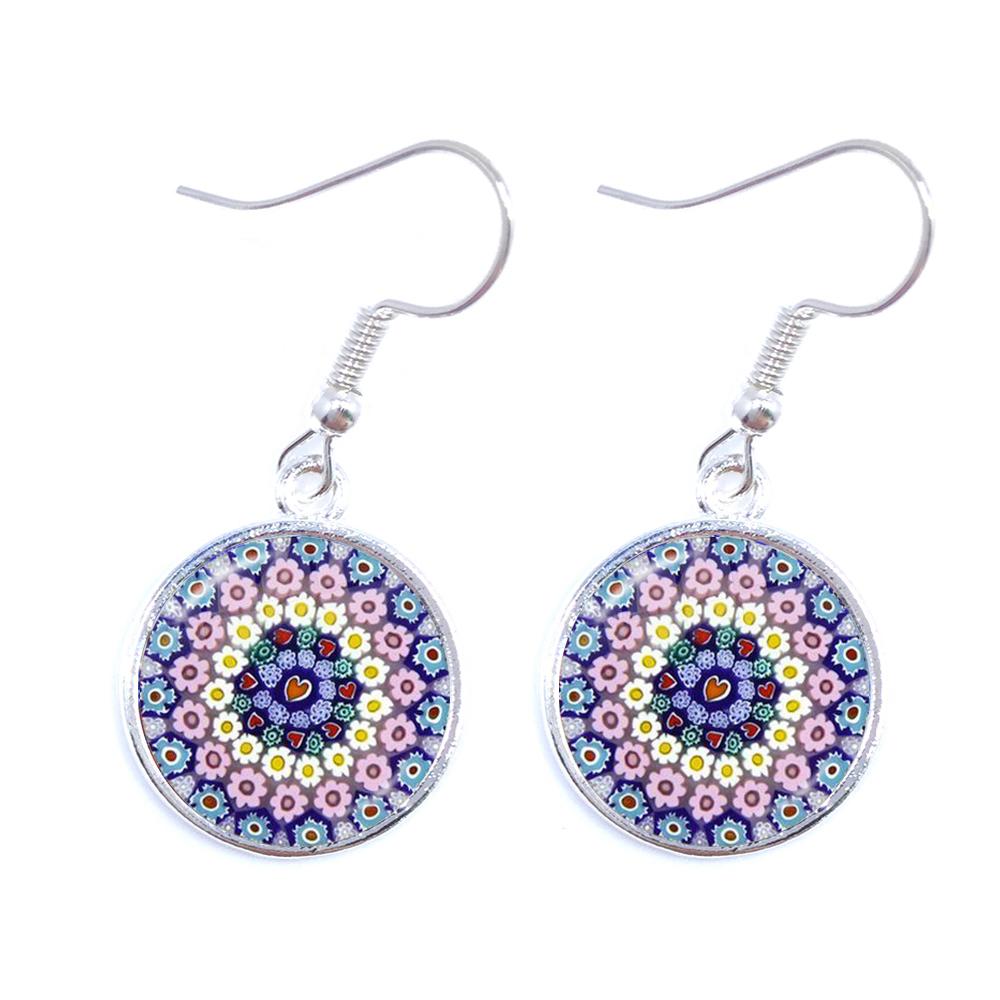 Murano Millefiori Drop Earrings MultiColour Flower 16mm Glass Cabochon Earring Jewelry For Women Girls Gift
