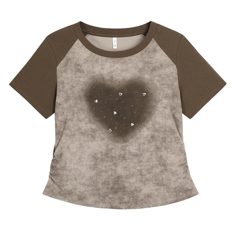 

Летняя женская футболка с короткими рукавами в стиле ретро Love Rhinestone Collision плюс размер, плиссированные тонкие топы с круглым вырезом 5XL кофейный