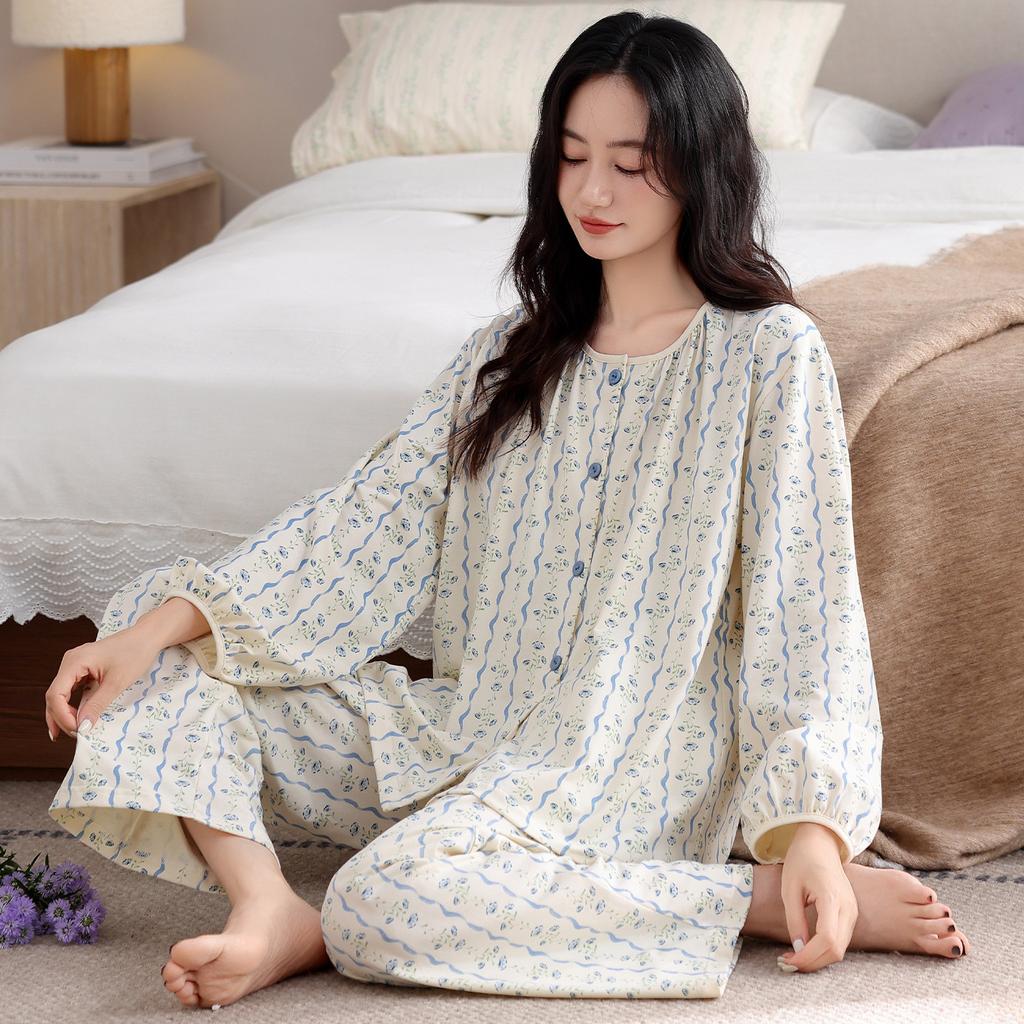 Pajamas women's spring and autumn pure cotton long-sleeved chest pad middle-aged mother autumn 1011 new anti-bumping loungewear