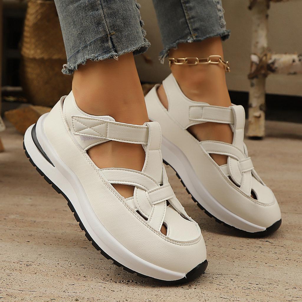 Letní nové sandály na klínku s taškou, duté prodyšné dámské boty pro zahraniční obchod, velká velikost, muffinová silná podrážka, na suchý zip