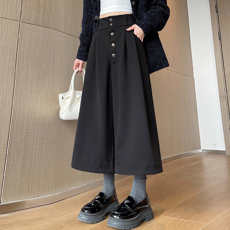 High-Waisted Woolen Pleated Eight-Point Wide-Leg Pants for Women 3X-Large чёрный