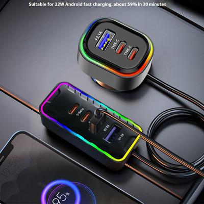 7-Port 22.5W Fast Car Charger - USB Type-C Dual Port Front Rear Simultaneous Charging Heatproof LED Auto Adapter Phone Charger