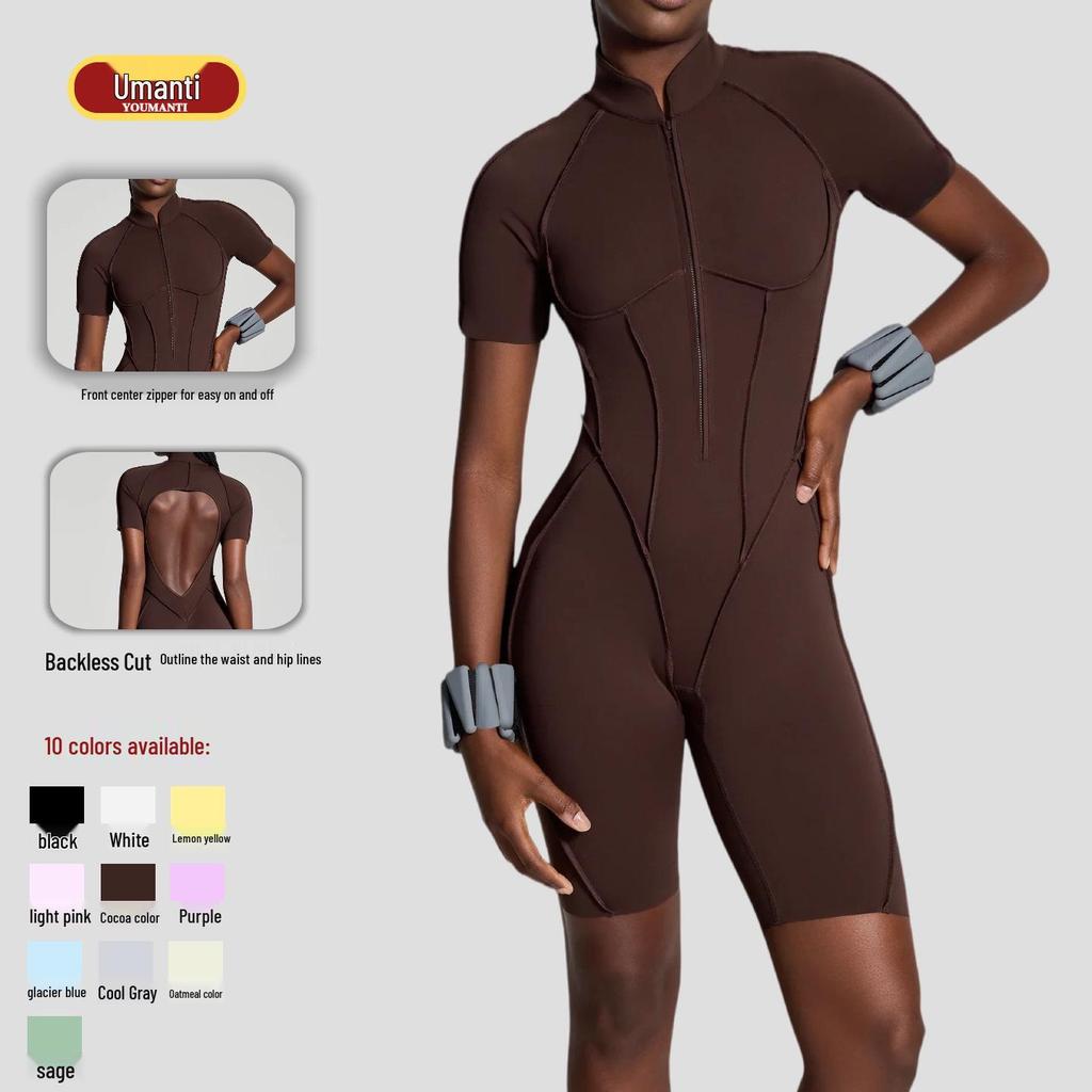 High-End Comfort Sports Yoga Tight-Fit Zipper Short Sleeve Jumpsuit