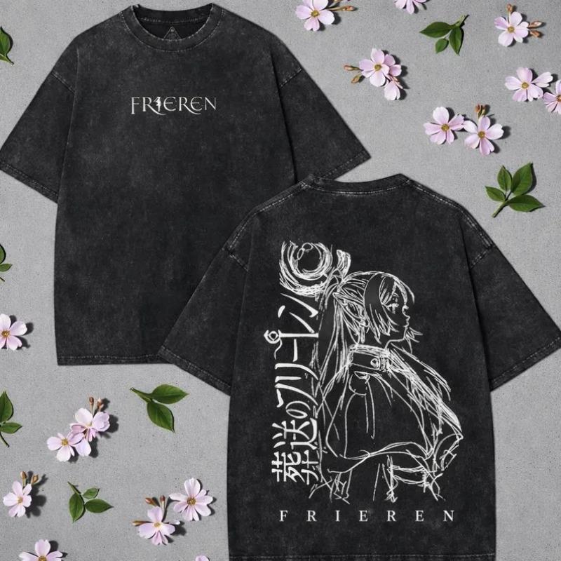 

Vintage Anime Frieren Graphic Washed T Shirt Spring Summer Mens Women Cotton Casual Oversized Tee Top Streetwear Harajuku M