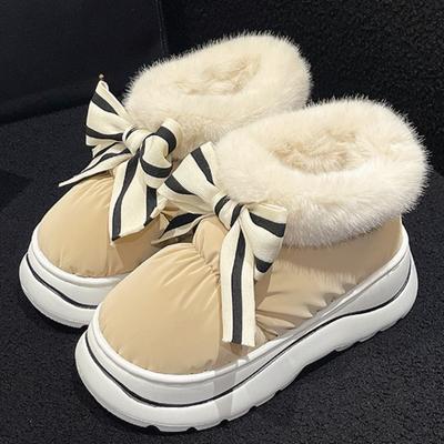 New Women Cute Warm Ankle Boots Ladies Outdoor Non-slip Thick Sole Snow Boot Furry Bow Cotton Shoe Waterproof Plush Boots2024