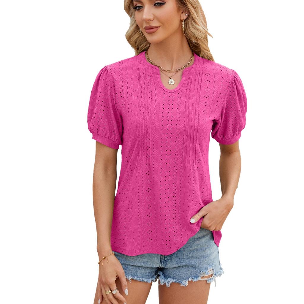 Spring Summer New Women's Solid Color V-neck Striped Loose Short Sleeve T-shirt for Cross-border E-commerce