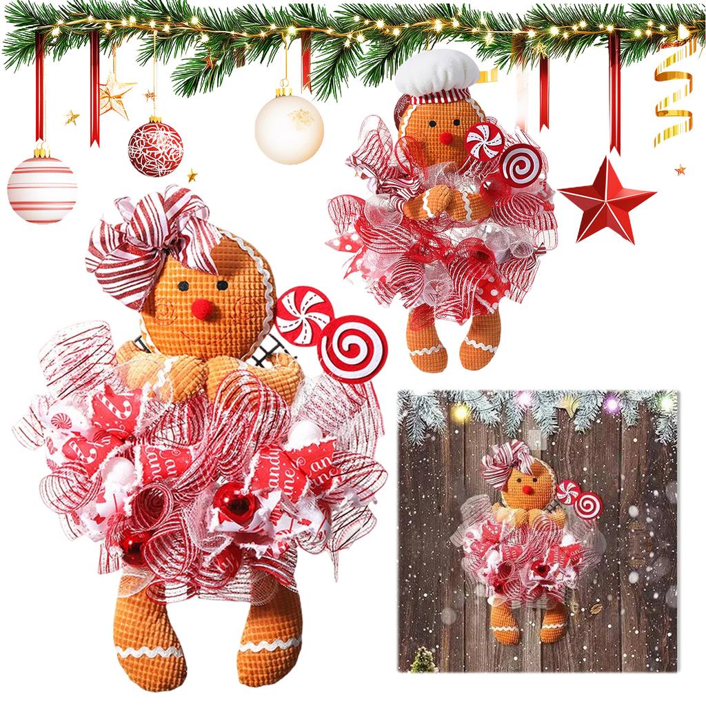 Gingerbread Man Doll Christmas Wreath Decoration Ornaments Holiday Front Door Hanging Wreath Xmas Party Home Garland Decor