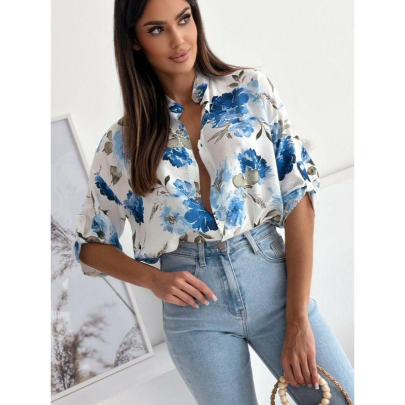 Sweet Summer New Arrival Fashion Stand Collar Single-Breasted Large Flower Pattern Fashion Temperament Commute Half-Sleeve Shirt Tops