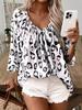 Spring Summer Women's Elegant Commute Top Beige Leopard Print V-Neck Ruffled 7/8 Sleeve Shirt