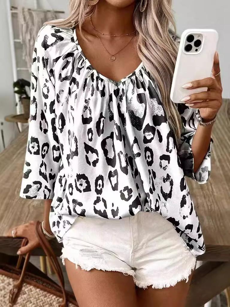 Spring Summer Women's Elegant Commute Top Beige Leopard Print V-Neck Ruffled 7/8 Sleeve Shirt