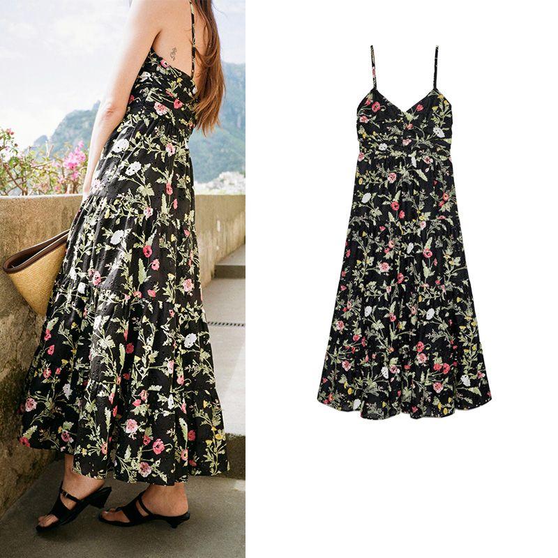 Summer New Women clothes Pleat Decoration V-neck Cotton Hollow Embroidery Print Midi Dress 8741060