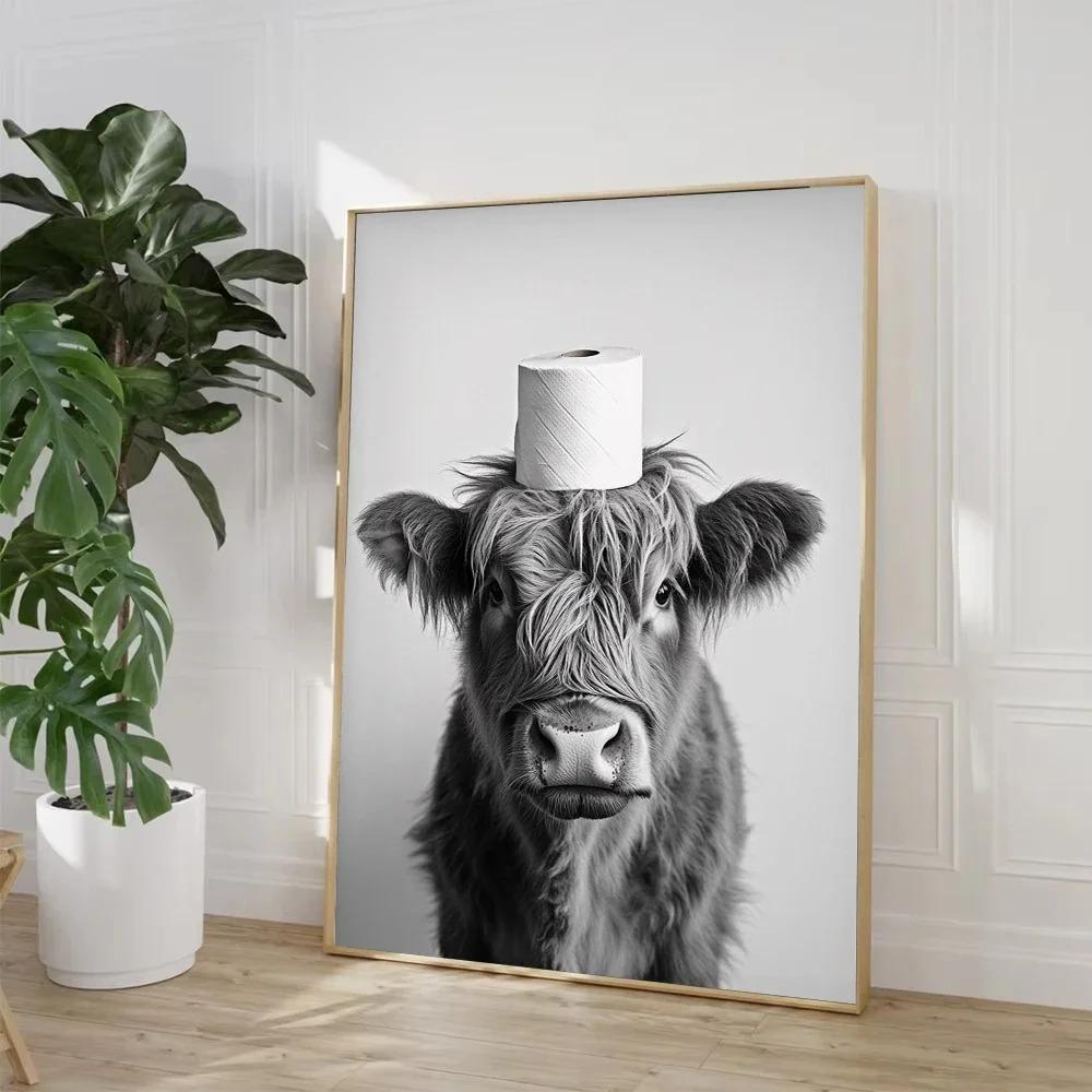 Highland Cow Otter Cat Raccoon with Toilet Paper Poster Print Canvas Painting Bathroom Wall Art Funny Toilet Humor Home Decor