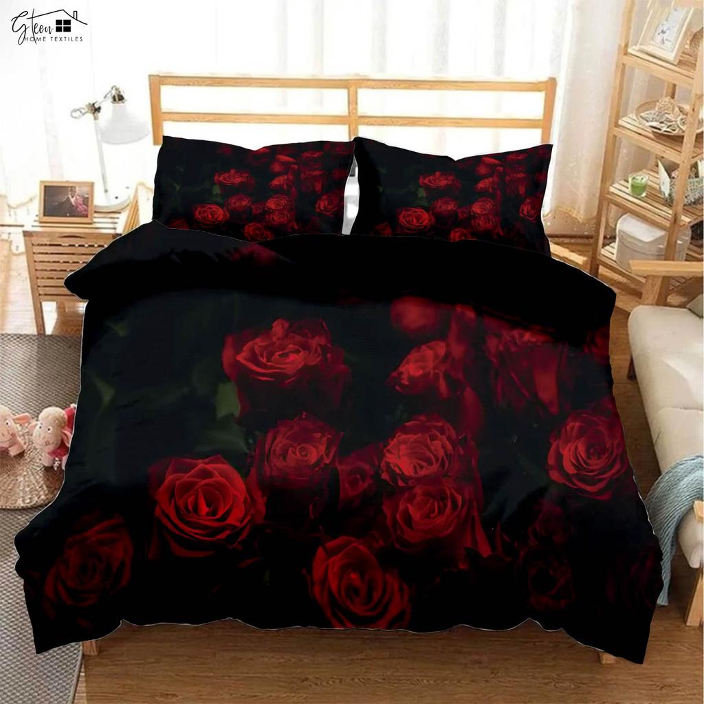 Czarna Retro Czerwona Róża Drukowana 3D Poszewka na Kołdrę Styl Pasterki Zestaw Pościeli Walentynkowej Poszewka na Poduszkę Poszewka na Kołdrę Zestaw Trzyczęściowy