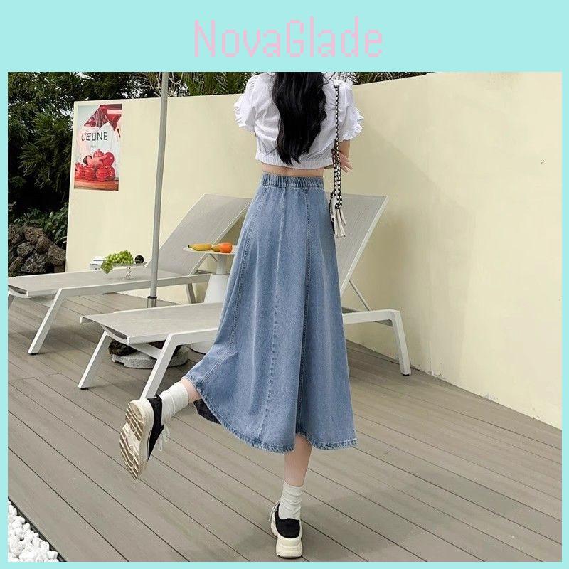 Womens Light Blue High Waist Denim Skirt With Button Splicing For Casual Spring Summer Wear