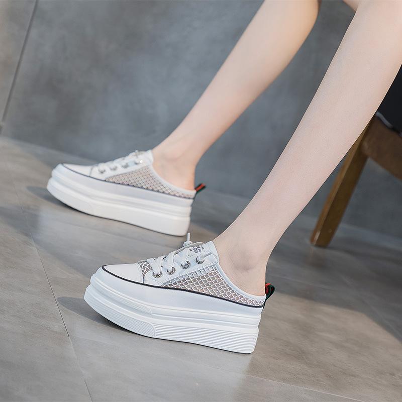 New thick-soled bag head half slippers women's summer outer wear mesh breathable muffin casual little white shoes lazy shoes