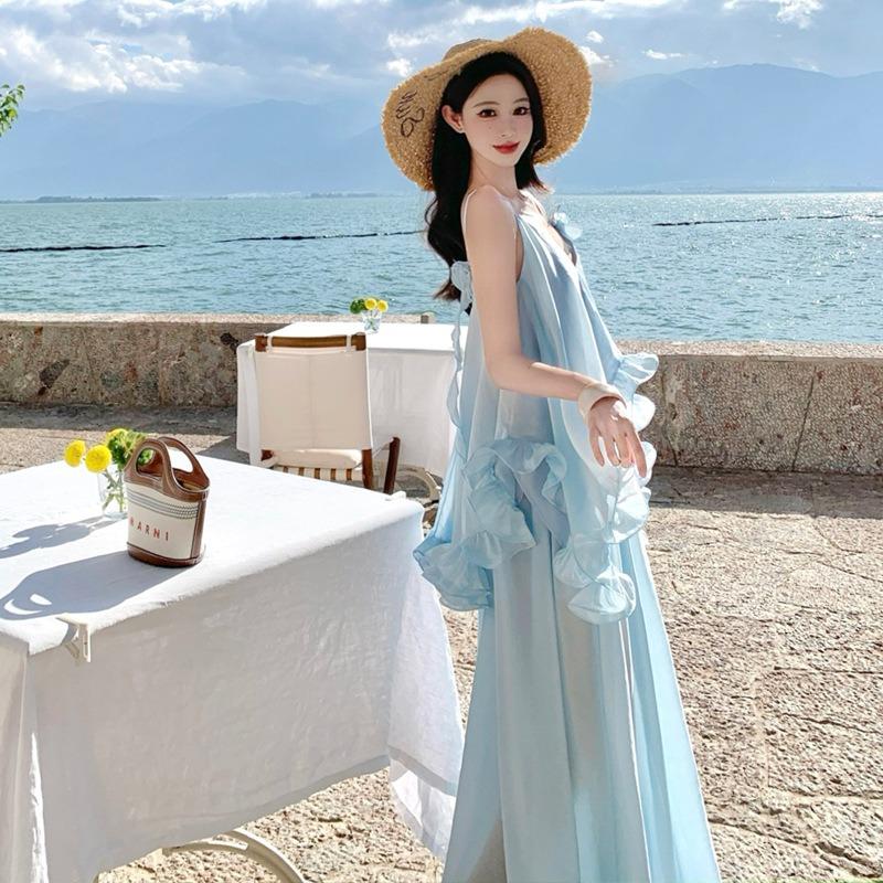 French Fairy Three-dimensional Flower Lotus Leaf Edge Blue Suspender Dress Women's Summer Vacation Pendulum Dress Set