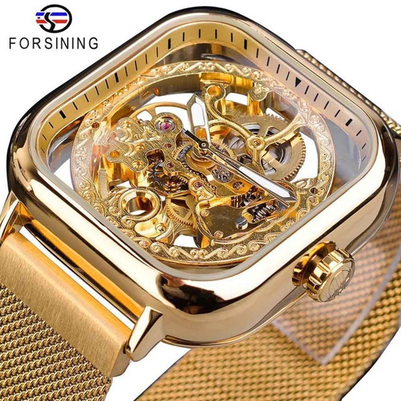 

FORSINING Watches for Man Square Retro Mechanical Watch Self-Wind Skeleton Automatic Watches Vintage Mesh Strap Wristwatch золотой