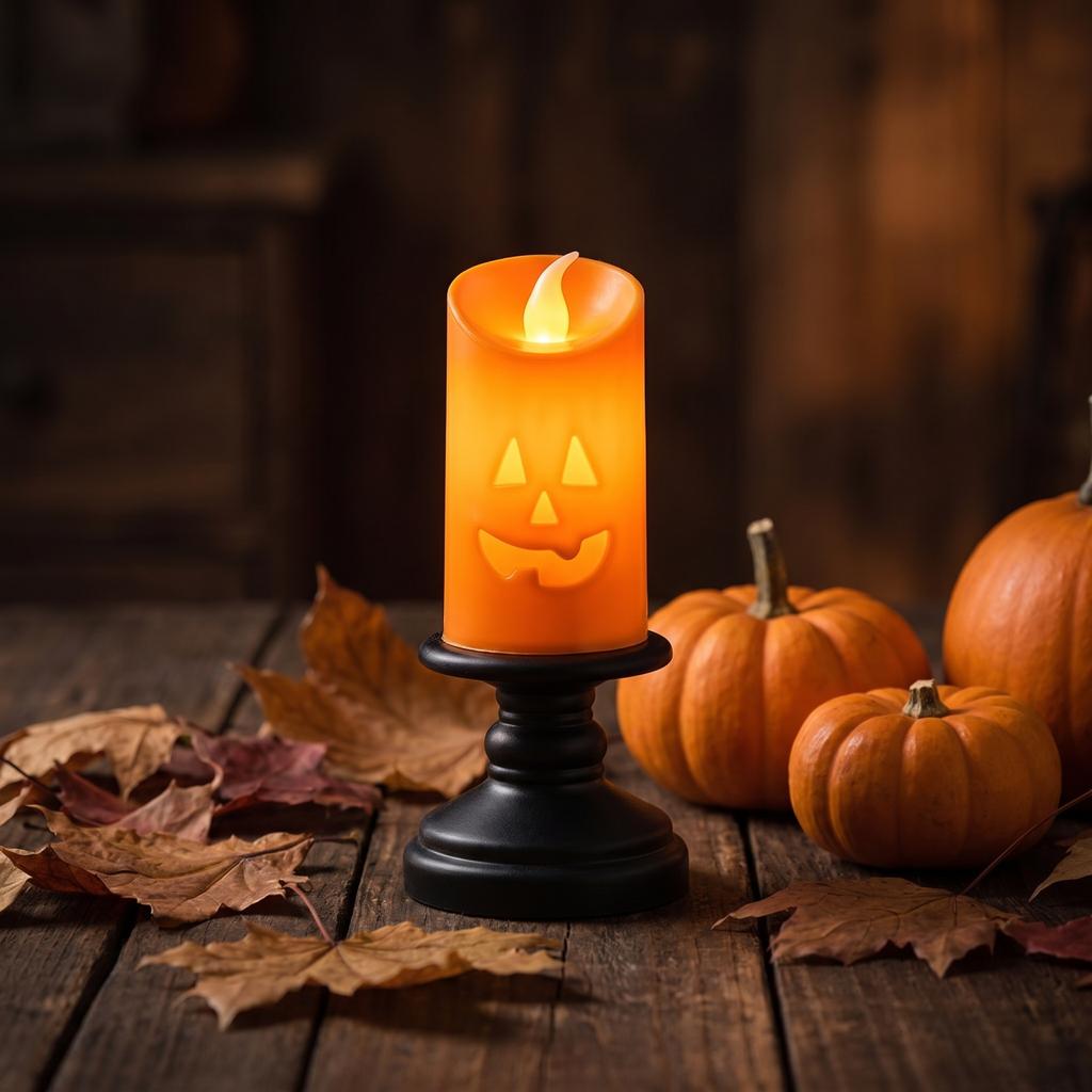3pcs Halloween Pumpkin LED Candle Holder Set Flameless Night Light Electronic Decorative Tabletop Ornament for Home Party Bar Decor