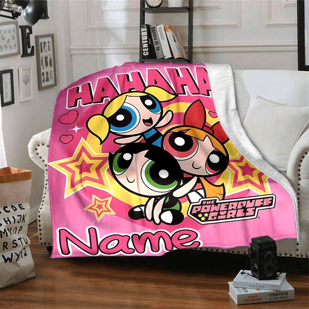 Custom Name Powerpuff Girls Halloween Flannel Blanket for Super Soft Cute Comfort Blanket for Travel Bedding Couch Sofa Blanket