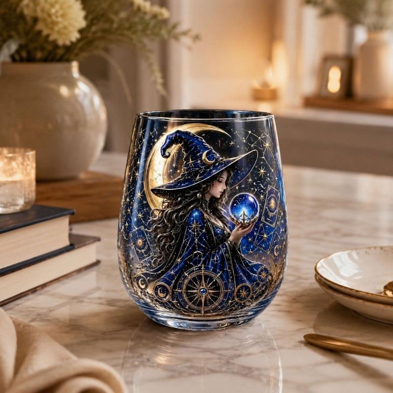 Decorative Witch Glass Cup with a Clear Stemless Form for Herbal Tea, Fruit Tea, Candy, and Seasonal Table Service