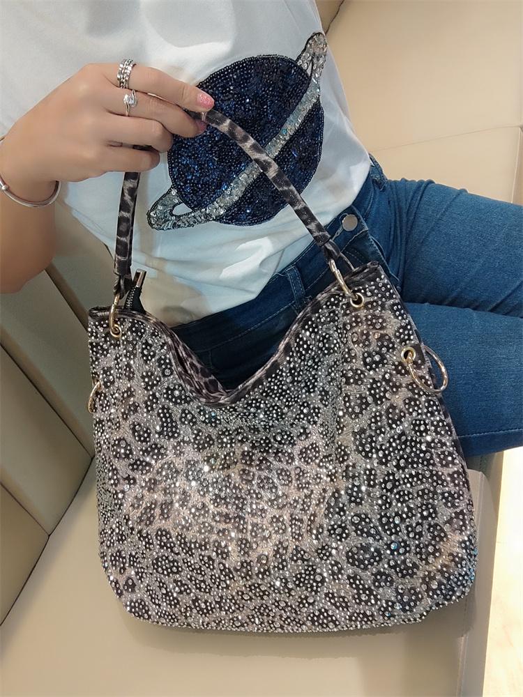 Soft Leather Leopard Print Tote Bag Large Capacity Diamonds Commuter Shoulder Bag for Women