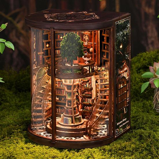 DIY Book House Kit with LED Light Handmade Vintage 3D Wooden Puzzle Bookstore Miniature Dollhouse Bookshelf Decoration Book Lover Gift