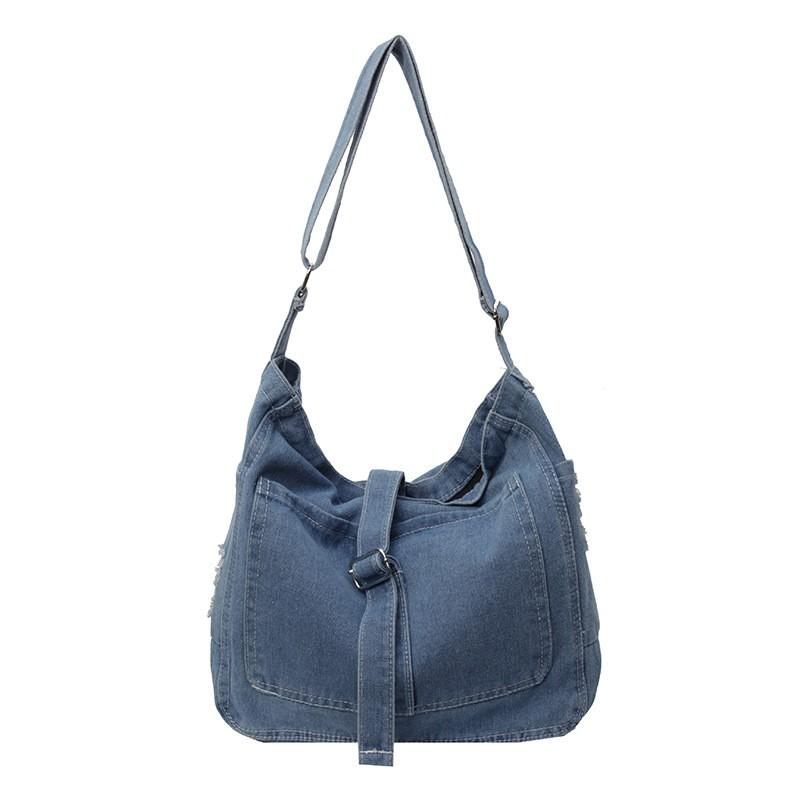 Large Capacity Denim Tote Bag Women Soft Structured Shoulder Crossbody Daily Commute Street Style