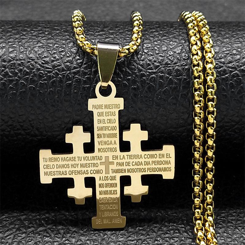 Christian Jerusalem Cross Pendant Necklace For Men Stainless Steel Bible Verse Lord's Prayer Chain Religious Jewelry Collar